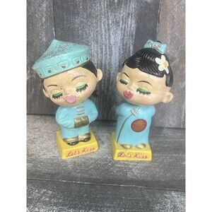 Hand Decorated VTG 1960s Asian Chinese Boy Girl Bobblehead Nodder "Let's Kiss"